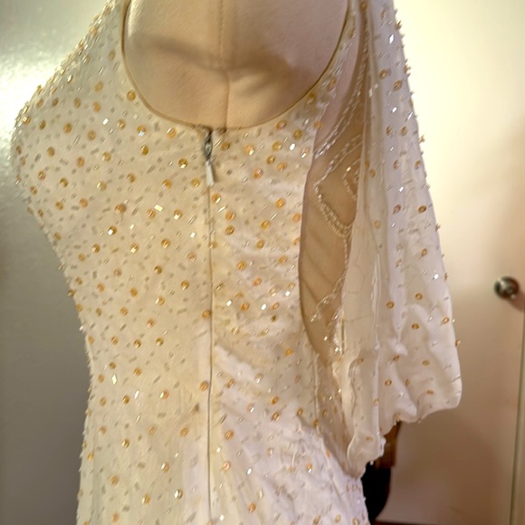 Unique vintage winter white formal gown with sequins and beading and tiny train - Picture 6 of 11